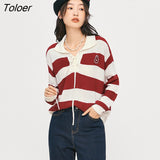 Women Sweaters 2022 Autumn Long Sleeves Polo Collar Lace-up Knitted Pullover Striped Graphic Print Elegant Vintage