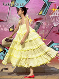 Fold Pleated Summer Sling Dress For Women Square Collar Sleeveless Loose Midi Dresses Female Clothes Style New
