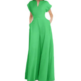 Women's Loose Fashion Elegant Short-Sleeved V-Neck Solid-Colored Broad-Legged Jump-Legged