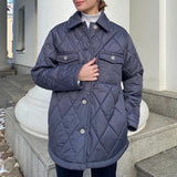 Argyle Casual Buttons Parkas Women Fashion Turn Down Collar Coats Women Elegant Pockets Cotton Jackets Female