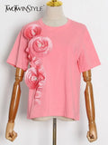 Patchwork Ruffle T-shirts For Female O Neck Short Sleeve High Waist Loose Solid Color Women's Casual T-shirt