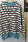 Women Sweater O Neck Pullover Chic Thicken Striped Sweaters Winter Clothes Sweet Jumper Leisure Loose