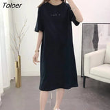 Women Summer Half-sleeve Printed Mid-calf Preppy Style Harajuku Loose H-line Fake-two Pieces Korean-style Simple
