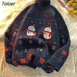 Christmas Snowman Turtleneck Sweater Women Oversized Winter Long Sleeve Tops Apricot Green Vintage Fashion Couples