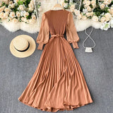 Vintage Women Pleated Long Dress Female Elegant Lantern Long Sleeve High Waist Red/Purple Draped Maxi Vestidos Spring Autumn