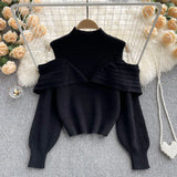 Fashion Off Shoulder Knit Pullover Stand Neck Korean Lantern Sleeve Design 2022 Autumn Retro Sweater Knitwear