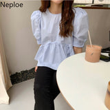 Korean Sweet Fluffy Ruffle Blouse Women Vintage Puff Sleeve Temperament Shirts Fashion O Neck Simple Loose All-match