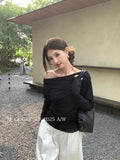 Xixi 2025 Autumn New White Standard Temperament Slant Shoulder Solid Color Knit Shirt Long Sleeve Top Sweater Female