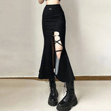 Waist Women Mermaid Skirts American Style Designed Bandage Split Midi Skirt Y2K Fashion Streetwear Female Skirts Spring