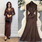 Fragrant High-End Feel Fashionable Doll Collar Long Sleeve Metal Buckle Waist Knitted Dress Women Autumn Slim