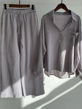 Fashion Lapel Women Two Piece Suit Cotton Linen Shirt High Waist Casual Pants Oversized Suit Women Sweatshirt