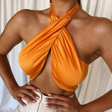 Silky Satin Halter Backless Crop Top For Women 2021 Summer Sleeveless Summer Fashion Outfit Party Criss Cross Wrap