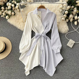 Korean Irregular Dresses Women Fashion Long Sleeve Sashes A-line Dress Spring Vintage Stripe Streetwear Mini