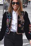 MODA Women Fashion Contrast Embroidery Velvet Crop Open Blazer Coat Vintage Long Sleeve Female Outerwear Chic Veste
