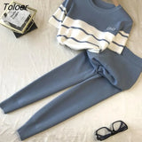 Contrast Knitted 2 Peice Set Tracksuits For Women Summer Short Sleeve Sweater Female Tops+pants Suit Women