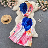Vacation Beach 2pcs Set Women Floral Printed Short Sleeve Tops And High Waist Pleated Long Skirt Suit Spring