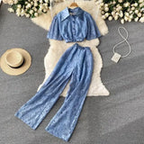 Women Lace Two Piece Set Spring Summer Elegant Turn-Down Collar Single Breasted Short Tops + High Waist Wide Leg Pants Suits