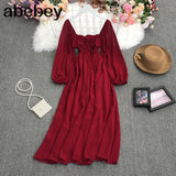 New Spring Temperament All-match Retro All-match Square collar puff sleeve Dress lace up ruffles