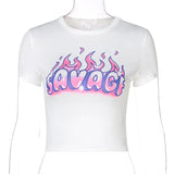 Chic Fire Letter Graphic Baby Tees Y2K Streetwear O-neck Short Sleeve White Crop Tops Summer punk Cute T-shirts 2000s