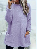 Women's Autumn And Winter New Long-Sleeved Round-Neck Casual Loose Plush Wear Pocket Top
