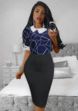 Printed Formal Turn-down Collar Short Sleeves Patchwork Midi Office