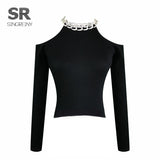 2021 Autumn knitted Sweater Women Long Sleeves Basic Knit Tops Off the Shoulder Sexy Pullovers Chain Diamond