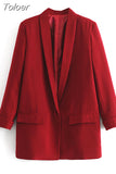 MODA Women Fashion Front Button Office Wear Blazer Coat Vintage Long Sleeve Flap Pockets Female Outerwear Chic Vestes