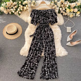 Women Jumpsuit Rompers Summer Casual Floral Print Off Shoulder Ruffles Lace-up Sashes Wide Leg Holidays Loose