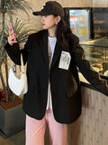 Women Black Back Slit Big Size Blazer New Lapel Long Sleeve Loose Fit Jacket Fashion Tide Spring Autumn 2023