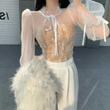 2022 Spring Elegant Women French Mesh Lace Blouse Stand Collar Puff Sleeves Sexy Perspective Slim Shirt Female