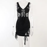 Sisterlinda Sexy Hollow Dresses Women Sleeveless Irregular Bandage V Neck Skinny Shirring Bodycon Party Clubwear Vacation