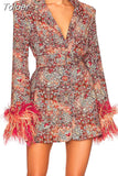 Print Dresses For Women V Neck Long Sleeve High Waist Patchwork Feathers Elegant Belt Dress Female Autumn Clothing