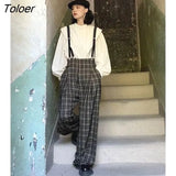 Women Sets Plaid Mopping Jumpsuits Long Sleeve Stand Collar White Shirts Retro Females 2 Pecs Vintage Streetwear Spring