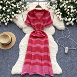 Luxury High-Striped Knitted Dress Women's Summer V-Neck Hollow Thin Airable Design Design Long
