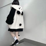 Autumn Winter Kawaii Hoodies Women Japanese Soft Girl Lambswool Cute Panda Ear Oversized Hoodie Preppy Style Button