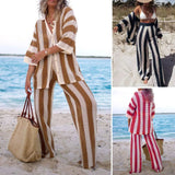 Women's Fashion 2025 Fashion V-Neck Collidered Striped Shirt Loose Broad Leg Trousers Knitted