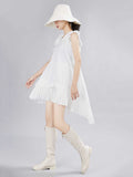 2023 New Spring Summer Round Neck Sleeveless Blue Irregular Ruffles Pleated Stitch Loose Dress Women Fashion Tide