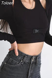 Sexy Slim Long Sleeve T-shirts Hollow Out Crop Top Women Tunics Kpop Button Patchwork T Shirt Fake Two-piece