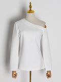 White Asymmetrical T Shirt For Women Slash Neck Long Sleeve Solid Minimalist Spring T Shirts Female Fashion