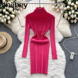 Sheath Women Dress Fashion Turtleneck Long Sleeve A Line Bodycon Dress Female Solid Streetwear Knitted