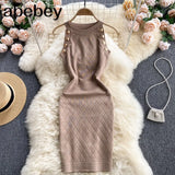 Button Details Sleeveless Knitted Bodycon Dress Women Summer Elegant Stretchy Dress Vintage Solid