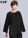 2023New Spring Summer Black Full Sleeve O Collar Split Pullover Personality Women Fashion Tide Loose Casual T-shirt