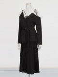 Temperament Simple Wind And Leisure Two Sets 2025 New V-Neck Sling Belt Clothing + High-Rise Pressure Folded Skirt