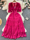 French Folds Long Dress Lapel V Neck Senior Ruff Sleeve Slim Ladies Summer Fashion Elastic Solid Sweet Sexy