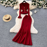 Thousand Gold Wind Senior Feeling Sister Suit Female Autumn Horn Sleeve Knitted Blouse + High-Waisted Fish Tail Half-Body