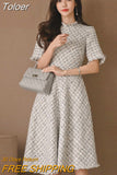 Korean Elegant Midi Tweed Dress Women Luxury Chic Casual Plaid Slim Gown Robe Femme Ladies Female Mujer Party