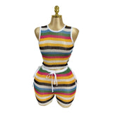 Ramming Striped Hollow Drawer Vest High-Waisted Hips Shorts Knitted Beach Resort