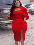 Large-Size Women's Clothing 2025 Autumn New Fashion Temperament Hollow Long Sleeve Open Fork Pure African