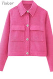MODA 2023 Autumn Women Pink Textured Short Jacket Single Breasted Vintage Long Sleeve Tweed Coats Casual Female Outwear
