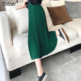 Elegant Satin Long Pleated Skirt Woman Spring Summer Elastic Waist A Line Skirts for Women Office Wild Green Midi